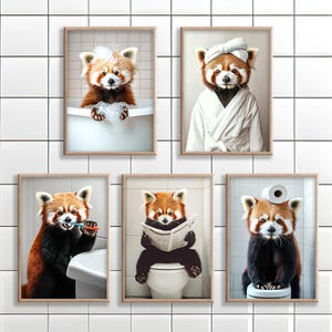May include: Set of five framed prints featuring red pandas in a bathroom setting. One panda is in a bathtub with bubbles, another wears a robe, a third brushes its teeth, a fourth reads a newspaper, and the last sits on a toilet.