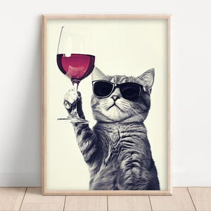 Cat Drinking Red Wine, Poster or Canvas, Funny Kitchen Wall Art, Retro Home Bar Decor, Wine Lovers, Dining Room Print, Cute Animal Art