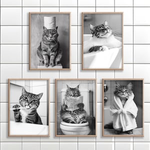 Arte murale con gatti, decorazioni divertenti per il bagno, poster o tela, gatto sul water, in bagno, con accappatoio, lavarsi i denti, umorismo sulla toilette degli animali