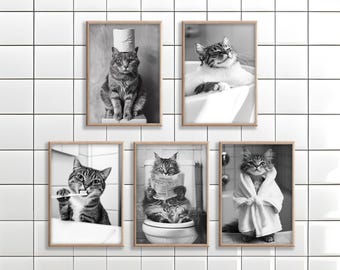 Funny Cat Bathroom Art: Toilet Humor Poster or Canvas