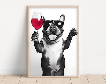 Bulldog Drinking Wine Art Print: Funny Dog Lover Decor