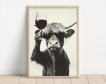 Funny Highland Cow Drinking Wine Art Print: Retro Kitchen or Bar Decor, Poster or Canvas