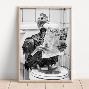 Turkey on Toilet Reading Newspaper, Poster Canvas, Funny Bathroom Wall Art, Kids Laundry Room Decor, Animal Toilet Humor, Cute Turkey Art