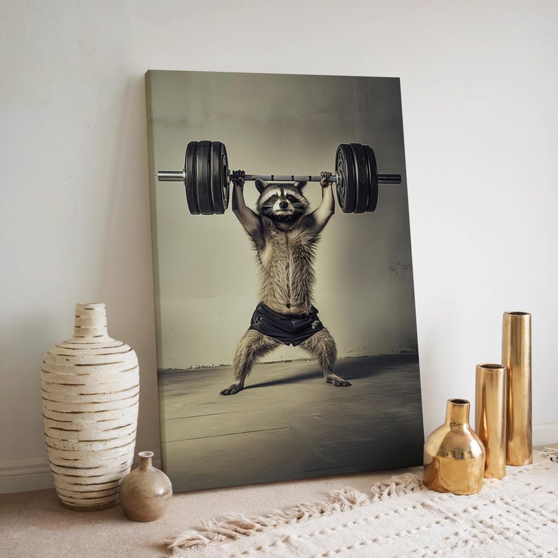 Bodybuilding Raccoon Print: Funny Gym Wall Art, Animal Workout, Poster ...