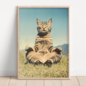 May include: A tabby cat sits in a yoga pose with its eyes closed, meditating in a field of green grass.