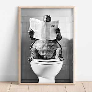 Turtle on Toilet Reading Newspaper, Poster Canvas, Funny Bathroom Wall Art, Kids Laundry Room Decor, Animal Toilet Humor, Cute Turtle Print