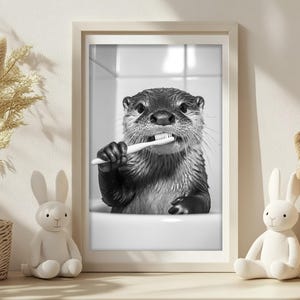 May include: A black and white photo of an otter brushing its teeth with a toothbrush. The otter is in a bathtub and has a serious expression on its face.