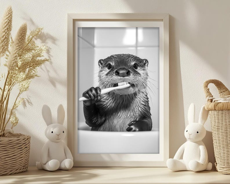 May include: A black and white photo of an otter brushing its teeth with a toothbrush. The otter is in a bathtub and has a serious expression on its face.