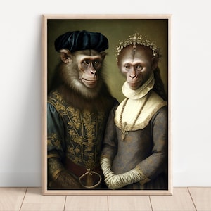 May include: A painting of two monkeys dressed in formal attire. The monkey on the left is wearing a blue hat and a gold and green patterned robe. The monkey on the right is wearing a white flower crown and a gray and gold dress.