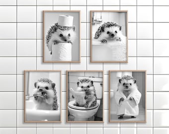 May include: Set of six black and white photographs featuring hedgehogs in various bathroom settings. One hedgehog is holding a roll of toilet paper, another is taking a bath, another is reading a newspaper, another is brushing its teeth, another is wearing a bathrobe, and another is looking out from behind a toilet.