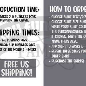May include: A graphic with instructions on how to order a custom shirt. The text includes information about production time, shipping times, and how to personalize the shirt. The text reads "Production Time: It takes 2-6 business days to dispatch the order. Shipping Times: US: 3-6 business days. Canada: 6-15 business days. Rest of the world 2-4 weeks. Free US Shipping! How to Order: Choose shirt text/design. Choose shirt size & model. Write your shirt color to the personalisation box. If chosen, write the custom name there also. Add shirt to basket. Repeat these steps for the other shirt. Purchase the shirts!"