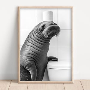 Walrus with Toilet Paper on Head, Poster or Canvas, Funny Bathroom Wall Art, Kids Laundry Room Decor, Animal Humor Photo, Cute Walrus Print