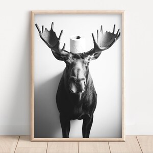 May include: A black and white photograph of a moose wearing a toilet paper roll on its head.