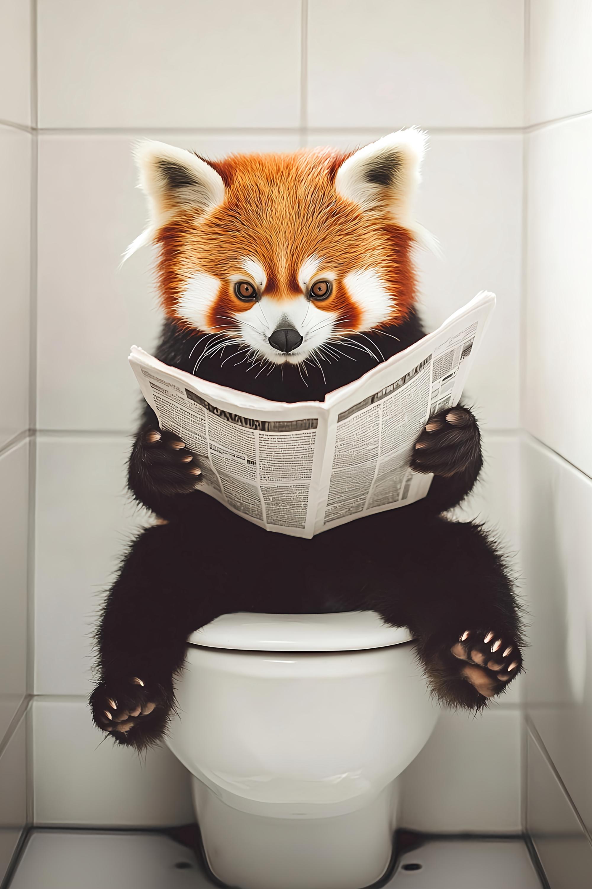 Red Panda on Toilet Reading Newspaper, Poster Canvas, Funny Bathroom ...