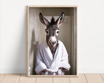 Cute Donkey Bathroom Wall Art, Donkey in Bathrobe, Poster or Canvas, Funny Laundry Room Decor, Animal Humor Print, Toilet or Powder Room