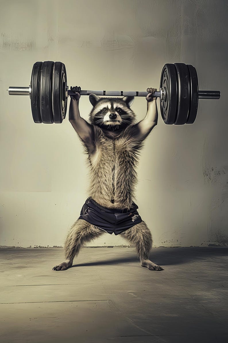 Bodybuilding Raccoon Print: Funny Gym Wall Art, Animal Workout, Poster ...