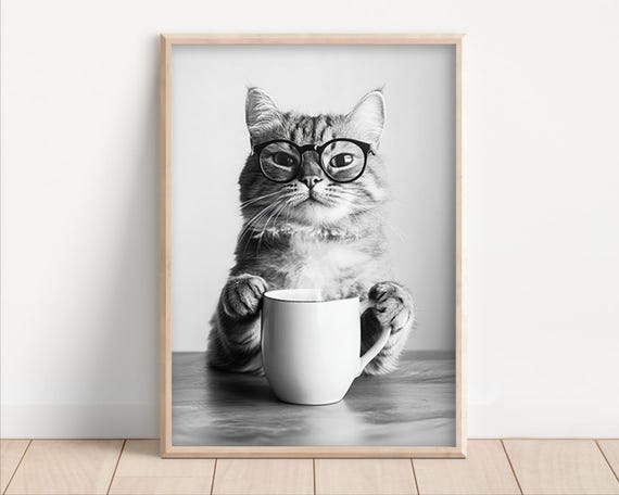 Cat Drinking Coffee Art Print: Funny Kitchen Decor Poster or Canvas