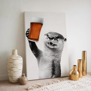 Otter Drinking Beer Poster or Canvas, Funny Kitchen Wall Art, Home Bar, Man Cave, Garage Decor, Beer Lover, Dining Room Print, Animal Photo
