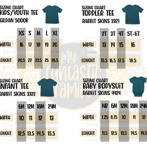 May include: Sizing chart for kids, toddler, infant, and baby clothing. The chart includes Gildan 5000B, Rabbit Skins 3321, Rabbit Skins 3322, and Rabbit Skins 4424 brands. The chart shows sizes in inches for width and length.
