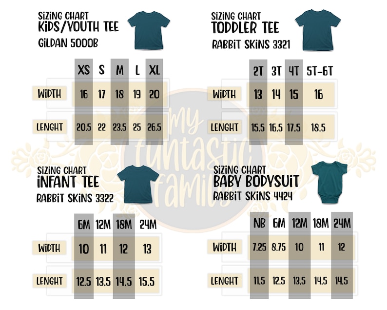 May include: Sizing chart for kids, toddler, infant, and baby clothing. The chart includes Gildan 5000B, Rabbit Skins 3321, Rabbit Skins 3322, and Rabbit Skins 4424 brands. The chart shows sizes in inches for width and length.