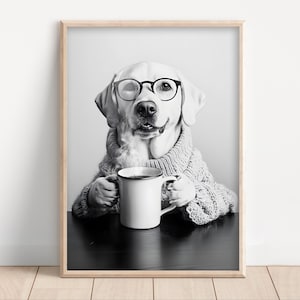 Labrador Dog Drinking Coffee & Wearing Glasses, Poster or Canvas, Funny Kitchen Wall Art, Dog Lover Humor, Cute Animal Decor, Coffee Lovers