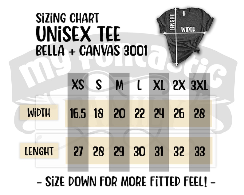 May include: Sizing chart for unisex t-shirts made by Bella + Canvas 3001. The chart shows measurements in inches for width and length for sizes XS, S, M, L, XL, 2X, and 3XL.