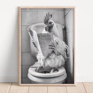 Chicken on Toilet Reading Newspaper, Poster Canvas, Funny Bathroom Wall Art, Kid Laundry Room Decor, Animal Toilet Humor, Cute Chicken Print