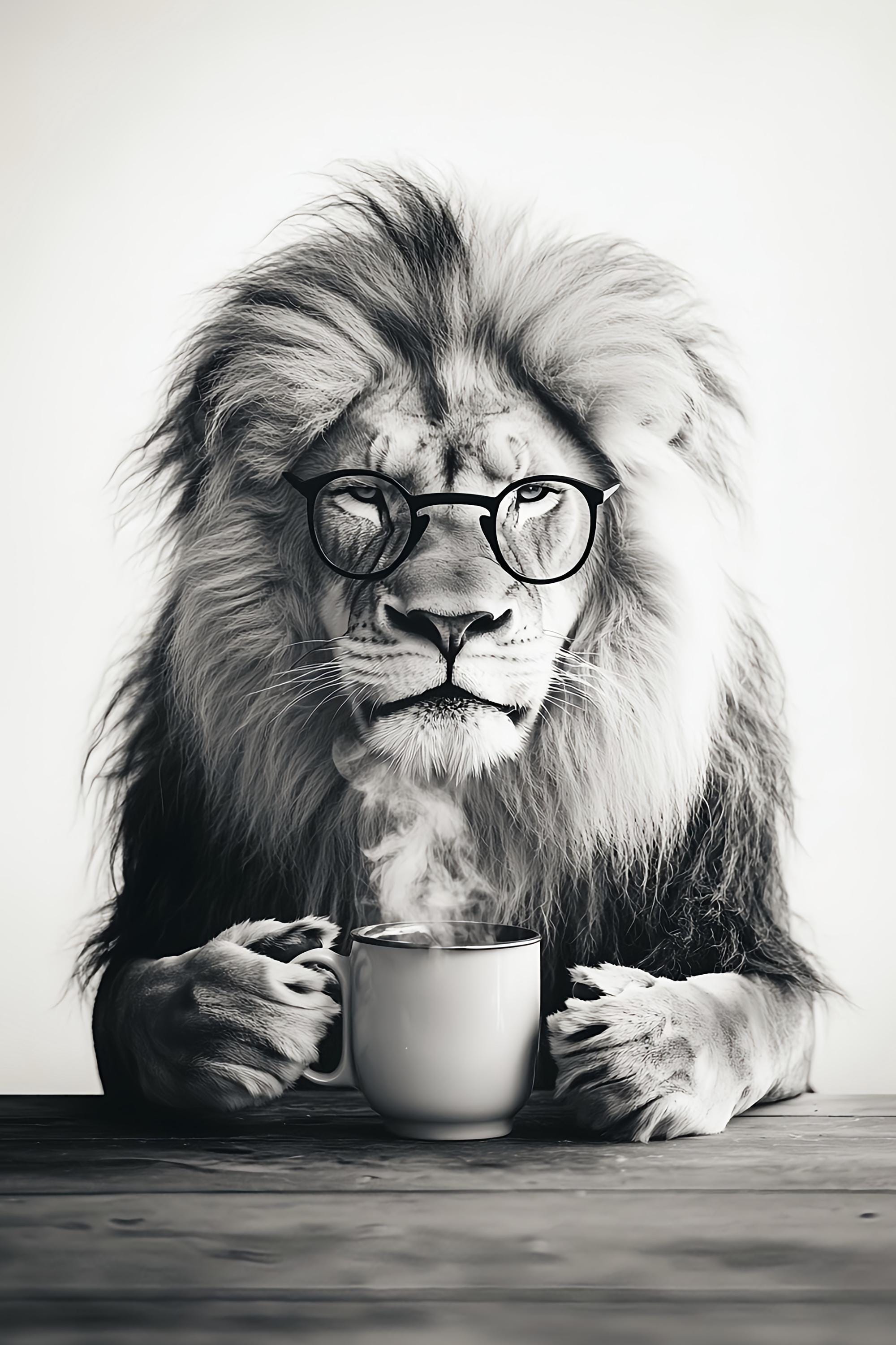 Lion Drinking Coffee Art Print: Funny Kitchen Decor Poster or