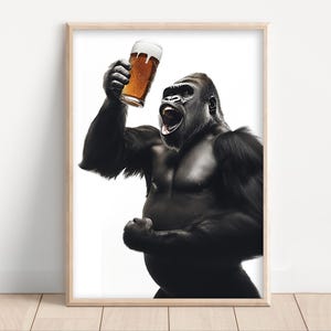 Gorilla Drinking Beer Poster or Canvas, Funny Kitchen Wall Art, Home Bar, Man Cave Garage Decor, Beer Lover, Dining Room Print, Animal Photo
