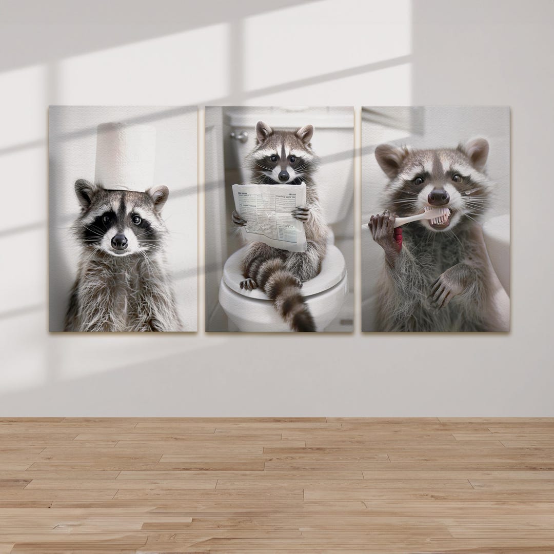 Funny Raccoon Canvas Print Set: Animals in Bathroom Wall Art - Etsy