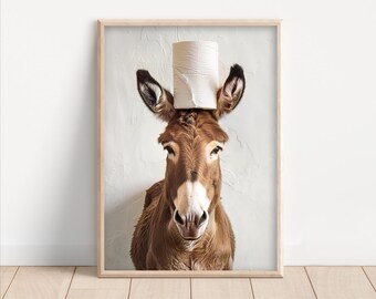 Funny Donkey Toilet Paper Roll Head Poster, Quirky Bathroom Canvas