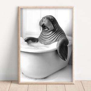 Walrus Taking a Bubble Bath, Poster or Canvas, Funny Bathroom Wall Art, Animals in Bathtub, Cute Kids Laundry Room Decor, Cute Walrus Print