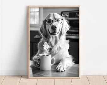 Funny Golden Retriever Coffee Art Print: Dog Lover Kitchen Decor