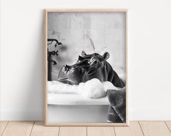 Hippo in Bathtub Print: Funny Bathroom Wall Art, Vintage Style
