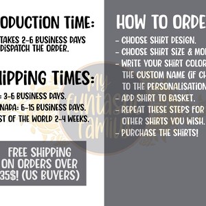 May include: A graphic with instructions on how to order a custom shirt. It includes information about production time, shipping times, and free shipping on orders over $35 for US buyers.