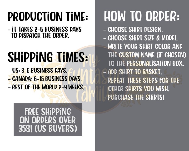 May include: A graphic with instructions on how to order a custom shirt. It includes information about production time, shipping times, and free shipping on orders over $35 for US buyers.