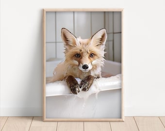 Cute Fox in Bath, Bathroom Wall Art, Animals in Bathtub, Poster or Canvas, Quirky Laundry Room Decor, Funny Kids Humor Print, Home Spa Art