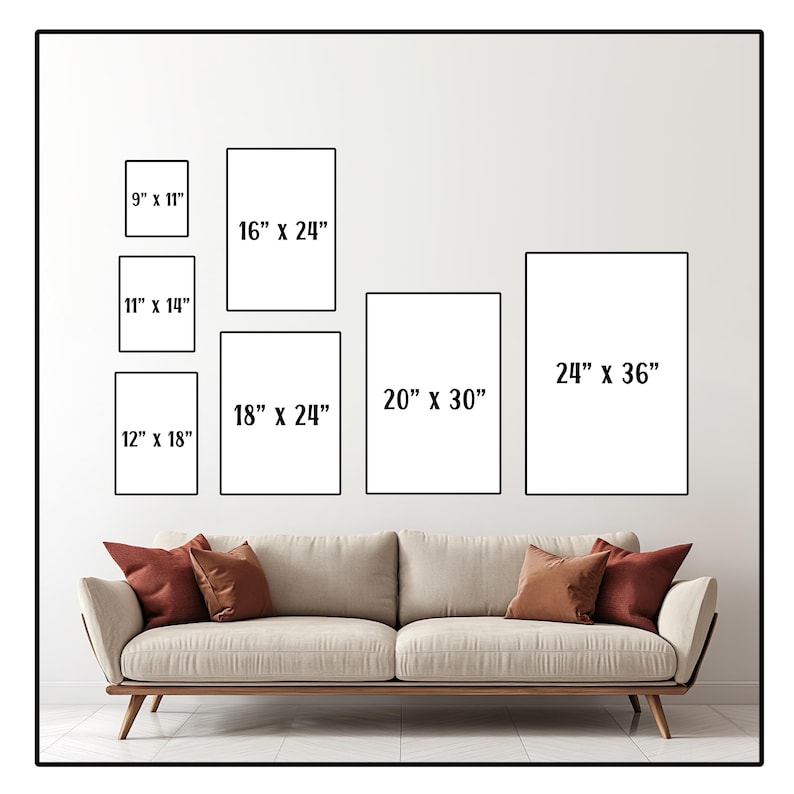 May include: A diagram showing different sizes of picture frames, with measurements in inches, displayed on a white wall above a beige couch with red throw pillows.