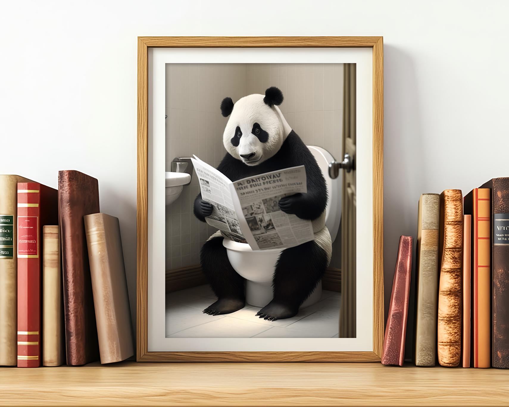 Panda on Toilet Reading Newspaper Art - Funny Bathroom Decor Poster or ...