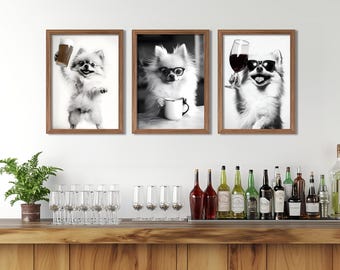 Ensemble d'oeuvres d'art chien de Poméranie : impressions de cuisine amusantes, décoration de bar à la maison