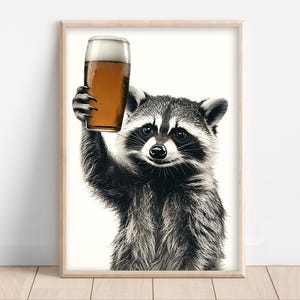 Raccoon Drinking Beer Poster or Canvas, Funny Kitchen Wall Art, Home Bar, Man Cave Garage Decor, Beer Lover, Dining Room Print, Animal Photo