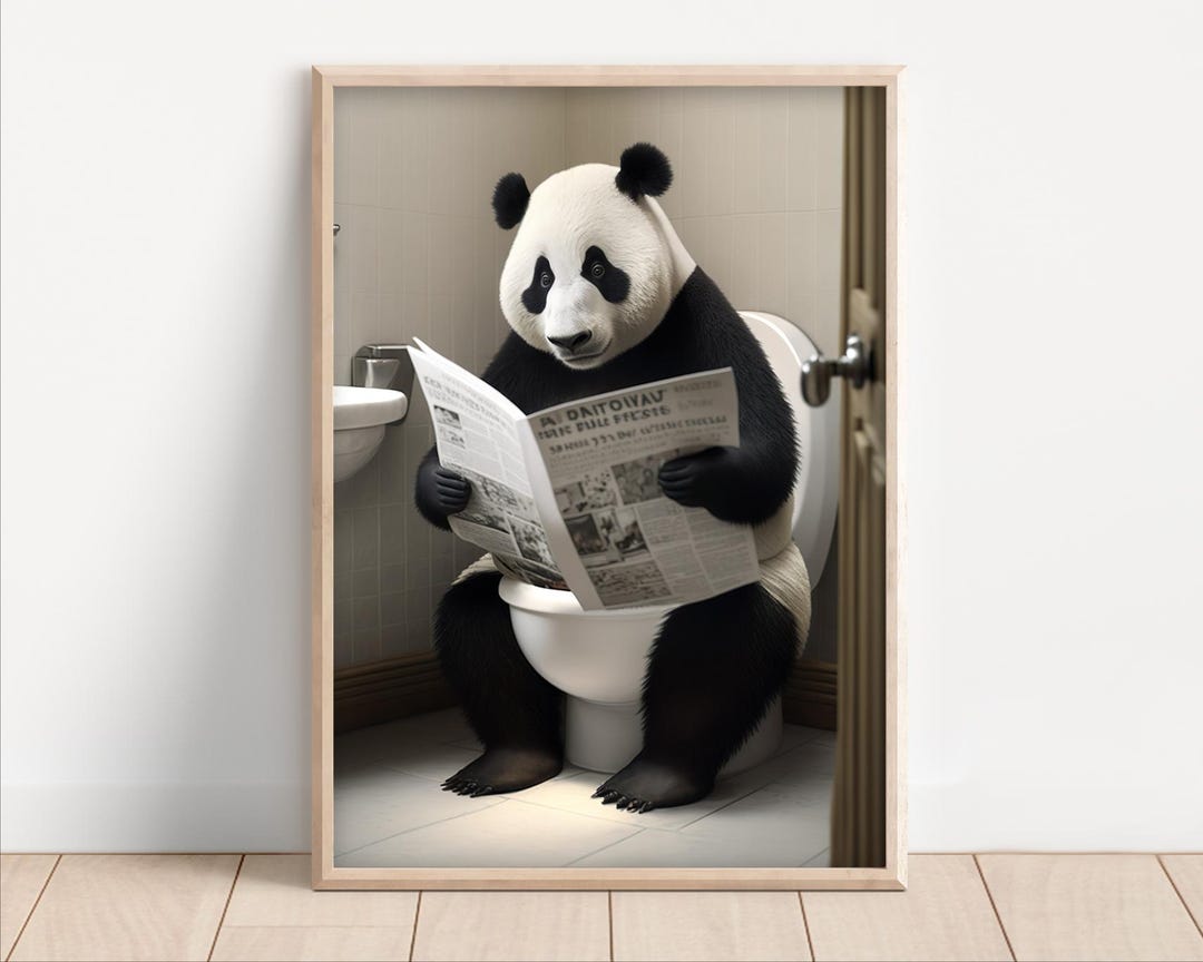 Panda on Toilet Reading Newspaper Art - Funny Bathroom Decor Poster or ...