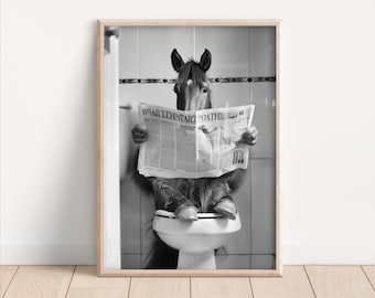 May include: A black and white photograph of a horse sitting on a toilet and reading a newspaper. The newspaper headline reads "Buar'ethestart Path".