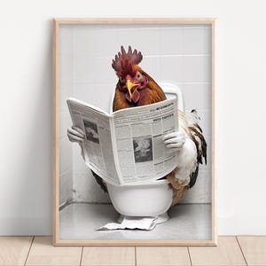 Chicken Sitting on the Toilet Reading a Newspaper, Poster or Canvas, Funny Bathroom Wall Art Decor, Retro Style Animal Print, Toilet Humor