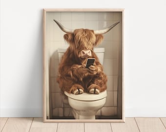 Highland Cow on Toilet Print: Funny Bathroom Wall Art