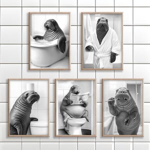 Walrus Wall Art Set, Funny Bathroom Decor, Poster or Canvas, Walrus on Toilet, Bath, Wearing Bathrobe, Brushing Teeth, Animal Toilet Humor