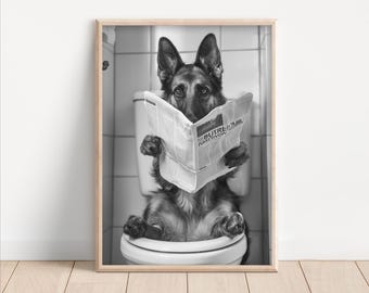 Impresión divertida de perro en el inodoro: Arte de baño leyendo el periódico
