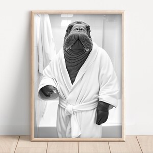 Walrus Wearing a Bathrobe, Poster or Canvas, Funny Bathroom Wall Art, Cute Animals in Bathroom, Kids Laundry Room Decor, Cute Walrus Print