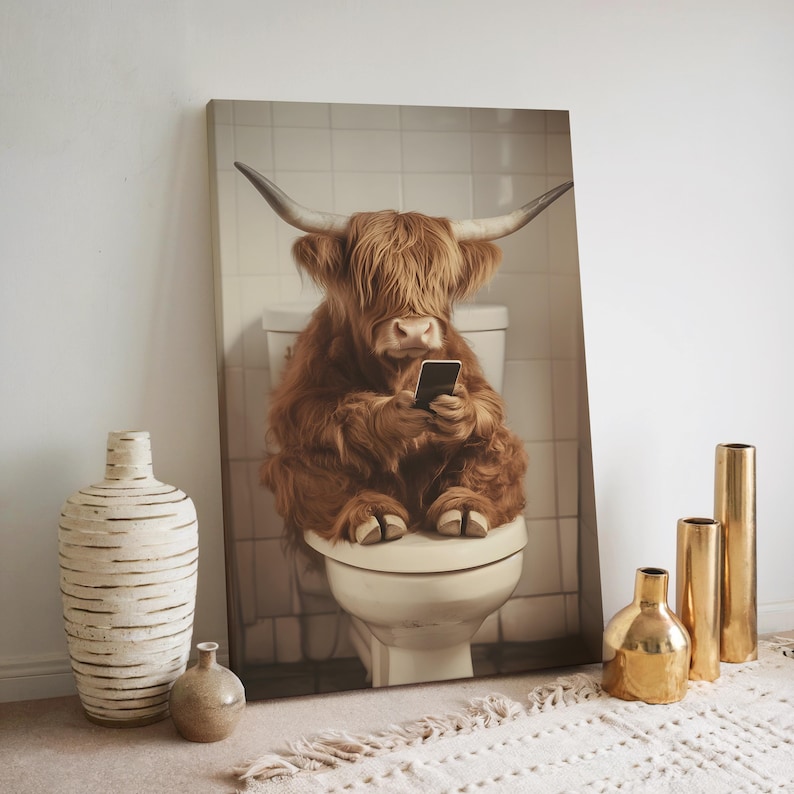 Highland Cow on Toilet Print: Funny Bathroom Wall Art - Etsy