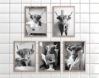 Highland Cow Bathroom Art Set: Funny Animal Prints or Canvas